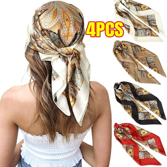 27 Inches Silk Feeling Square Head Scarf - 4 Pcs Satin Square Head Scarves Hair Bandanas for Women