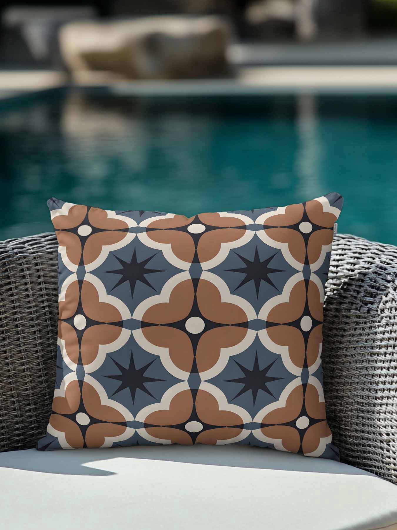 1 Pack Outdoor Pillows Waterproof, Blue Brown Flowers Indoor/Outdoor Throw Pillows with Inserts, Farmhouse Boho Geometric Floral Decorative Pillow for Patio Furniture Chairs Couch