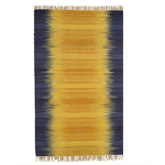 Yellow and Blue Reversible Handmade Wool Flatweave Rug 9x12 - Eorc-Color:Blue,Material:Wool