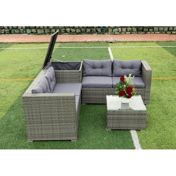 Gray Wicker Patio Furniture Sets, 2022 Upgrade 4-Piece Wicker Patio Conversation Sets w/Seat Cushions & Tempered Glass Coffee, Conversation Sets for Porch Poolside Backyard Garden, S6450
