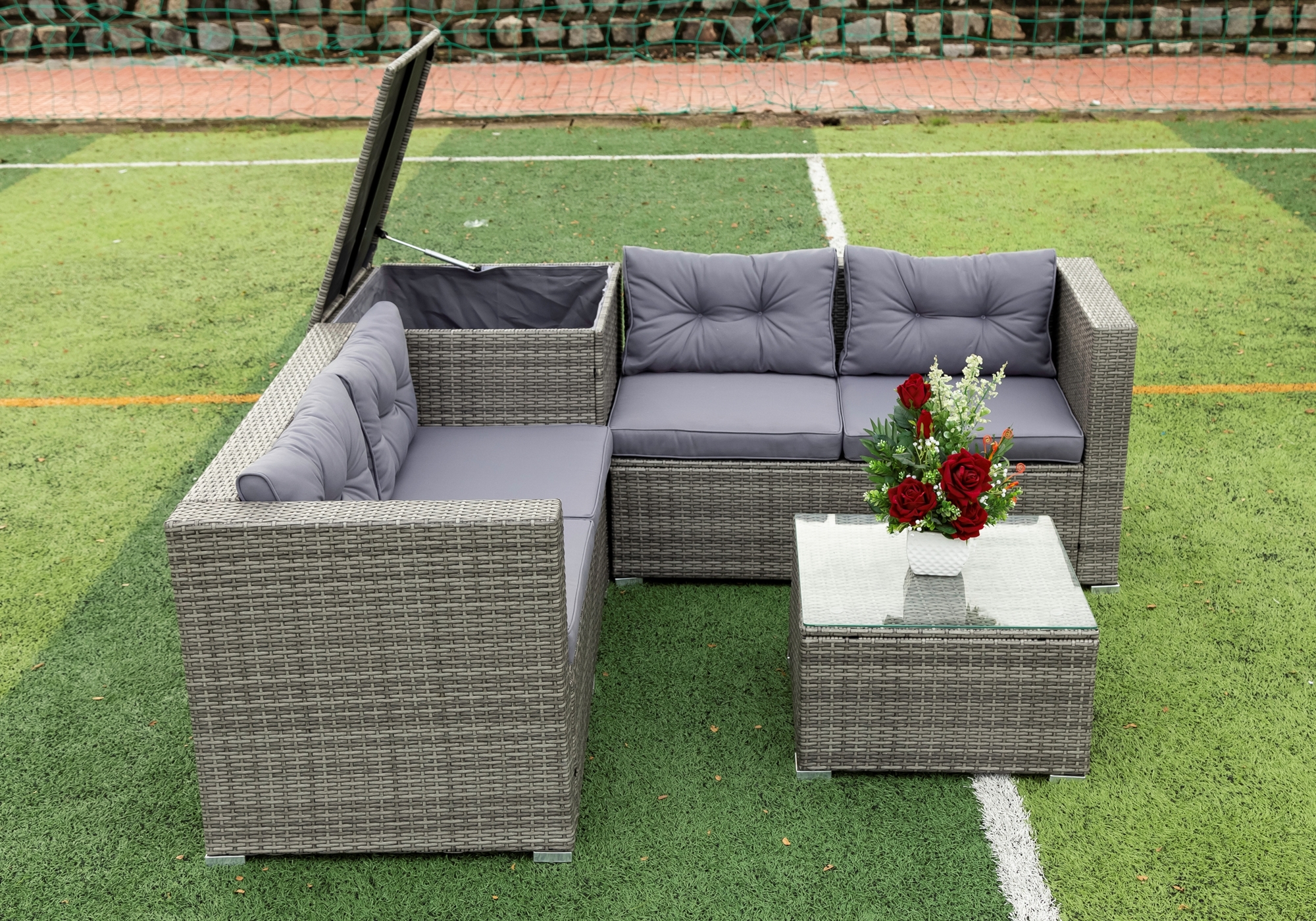 Patio Bistro Dining Chair Furniture Sets, 4 Pieces Patio Furniture Sets with Glass Coffee Table & Storage Box, Leisure Chair Conversation Set with Soft Cushion for Garden Poolside, Grey, SS2174 - image 4 of 9