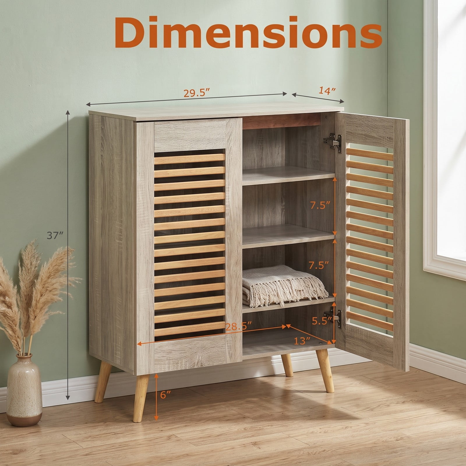 Furnibear Shoe Cabinet with Louvered Doors and 3 Removable Shelves for Entryway Closet and Hallway Shoe Storage Organizer, Natural