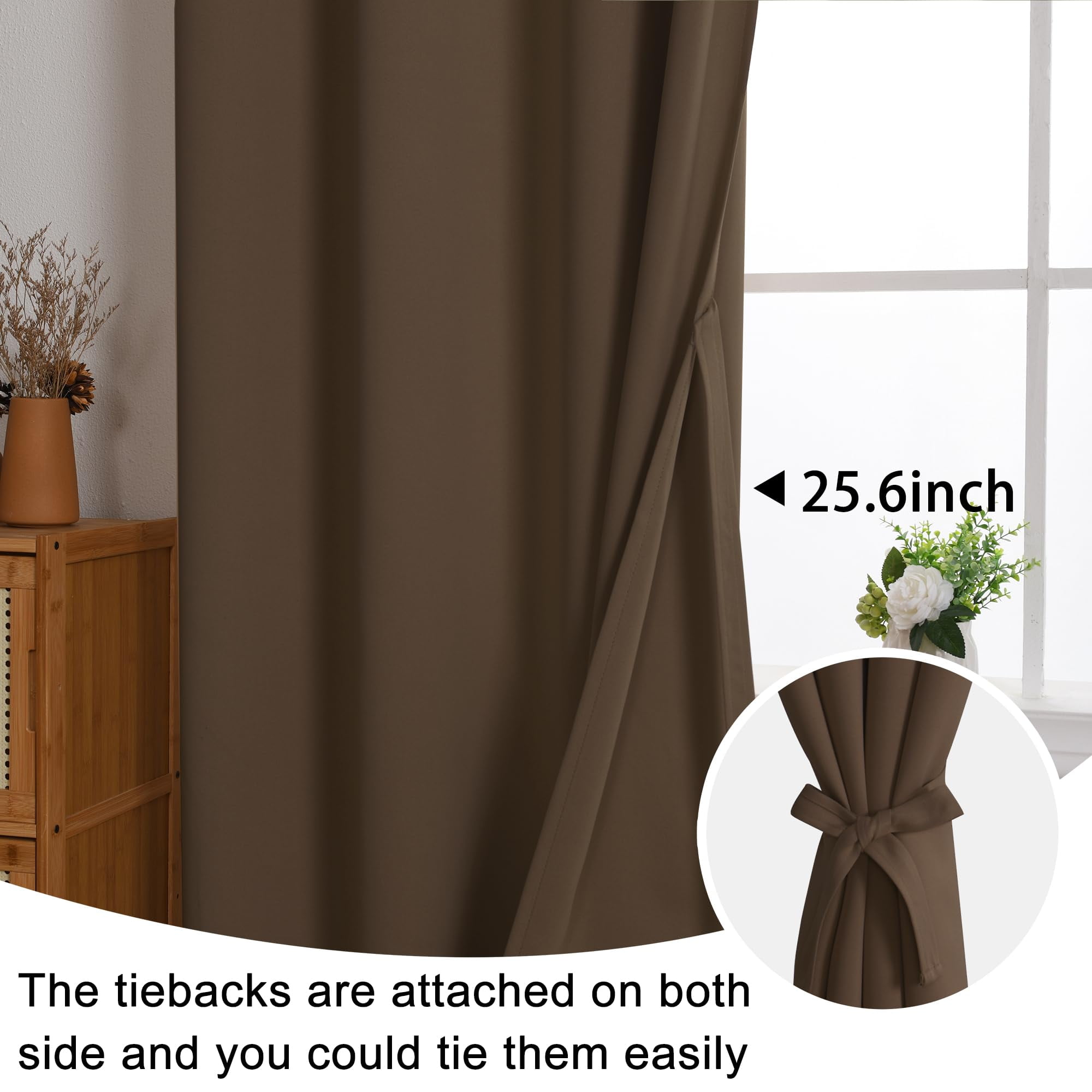 JIUZHEN Brown Grommet Blackout Curtains for Bedroom, Thermal Insulated & Light Blocking Window Curtains for Living Room, 2 Panels with Tiebacks, 42 x 54 Inch Length