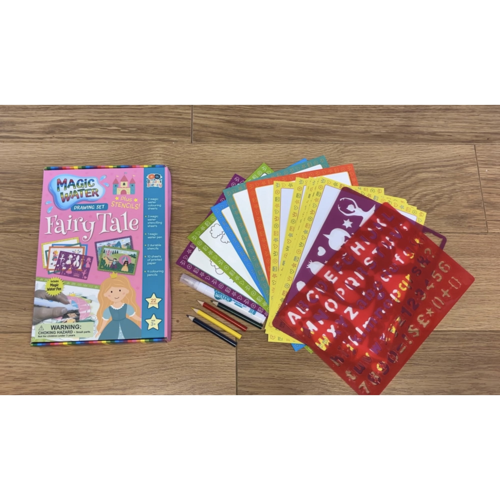 Buddy & Barney: Magic Water Drawing Set - Fairy Tale - Stencils-Magic Pen-Colored Pencils, Art Paper Sheets, Princess-Fantasy Themed Activity, Kids 3+
