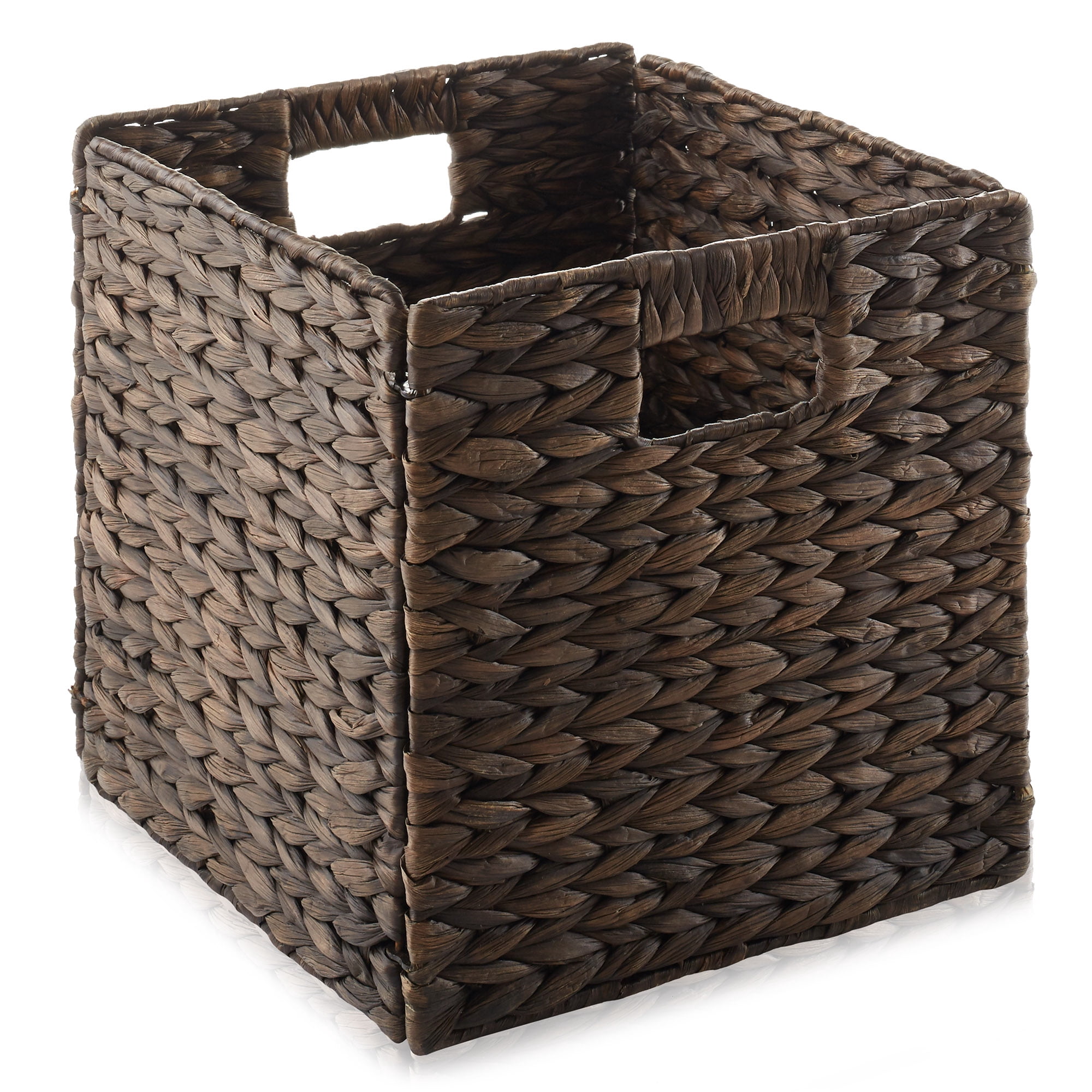 Casafield 10.5" x 10.5" Water Hyacinth Storage Baskets, Espresso - Set of 6 Collapsible Cube Organizers, Woven Bins for Bathroom, Bedroom, Laundry, Pantry, Shelves