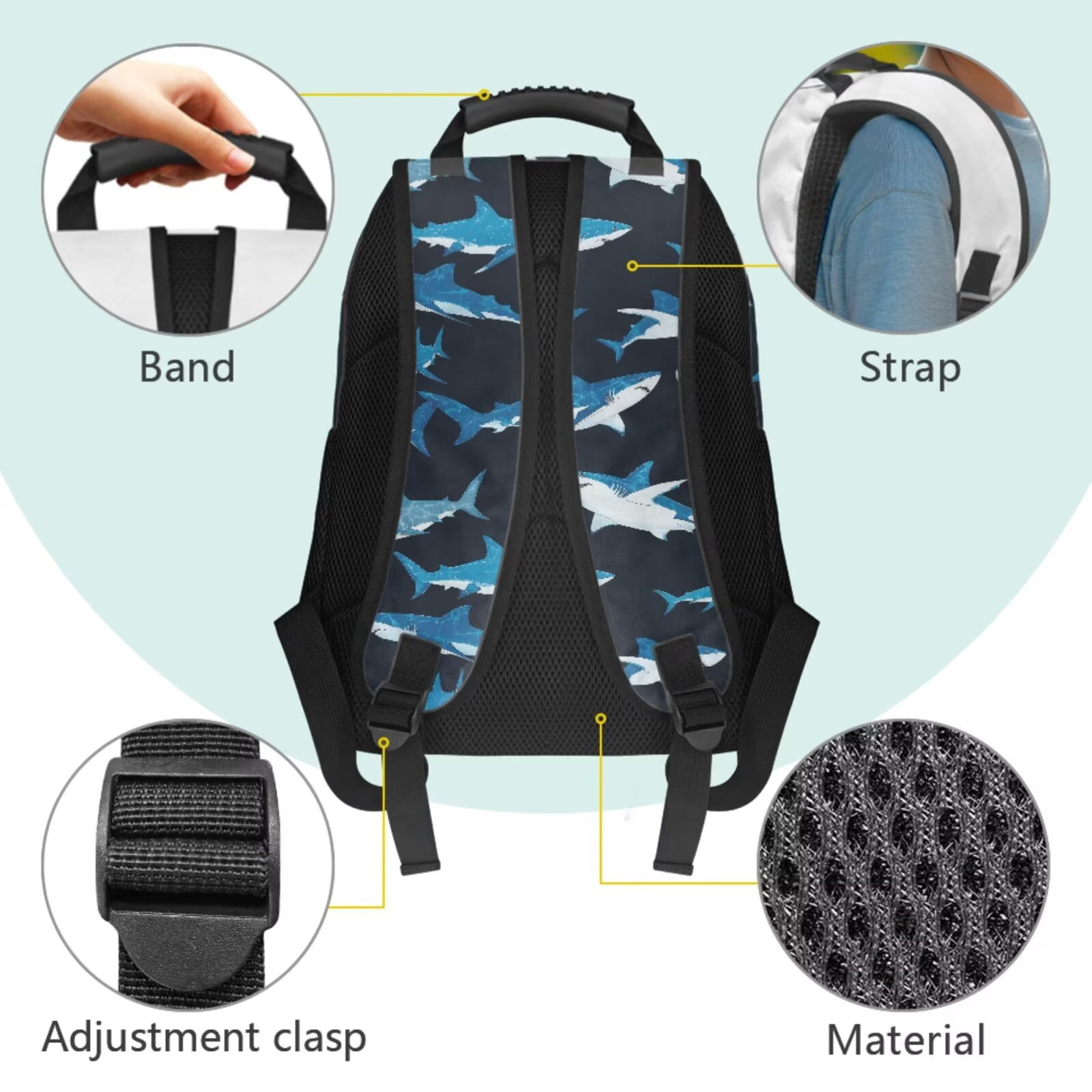 Pzuqiu Blue Shark Print Kawaii Backpack School Backpacks for Girls with Lunch Box Pencil Case 2pcs Bookmark 17 Inch School Backpacks for Kids Travel Rucksack Schoolbag Set of 4