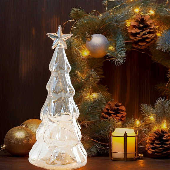 Exhoden Crystal Glass Christmas Tree,Led Light Acrylic Christmas Tree,Glitter Light Up Christmas Tree Snow Globe Battery Operated Lighted,Table Ornaments With Timer Clear Xmas Tree Table Top Decor