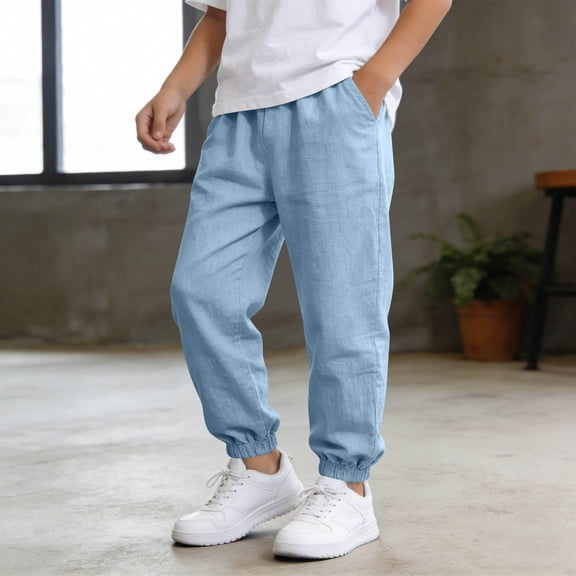 pantalones para niños Boys Cotton Linen Pants Summer Casual Elastic Waist Drawstring Beach Yoga Trousers with Pockets Uniform Pants 5-14Y