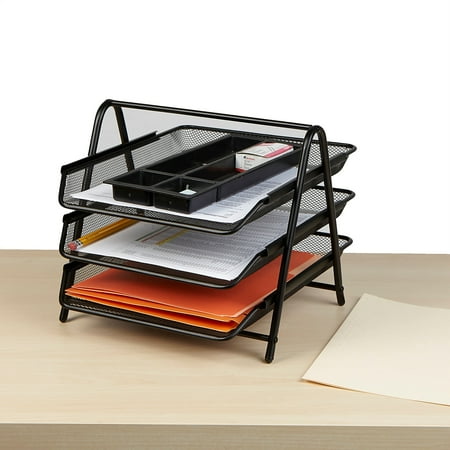 Mind Reader - Mesh Monitor Stand and 3 Tier Paper Organizer - Black