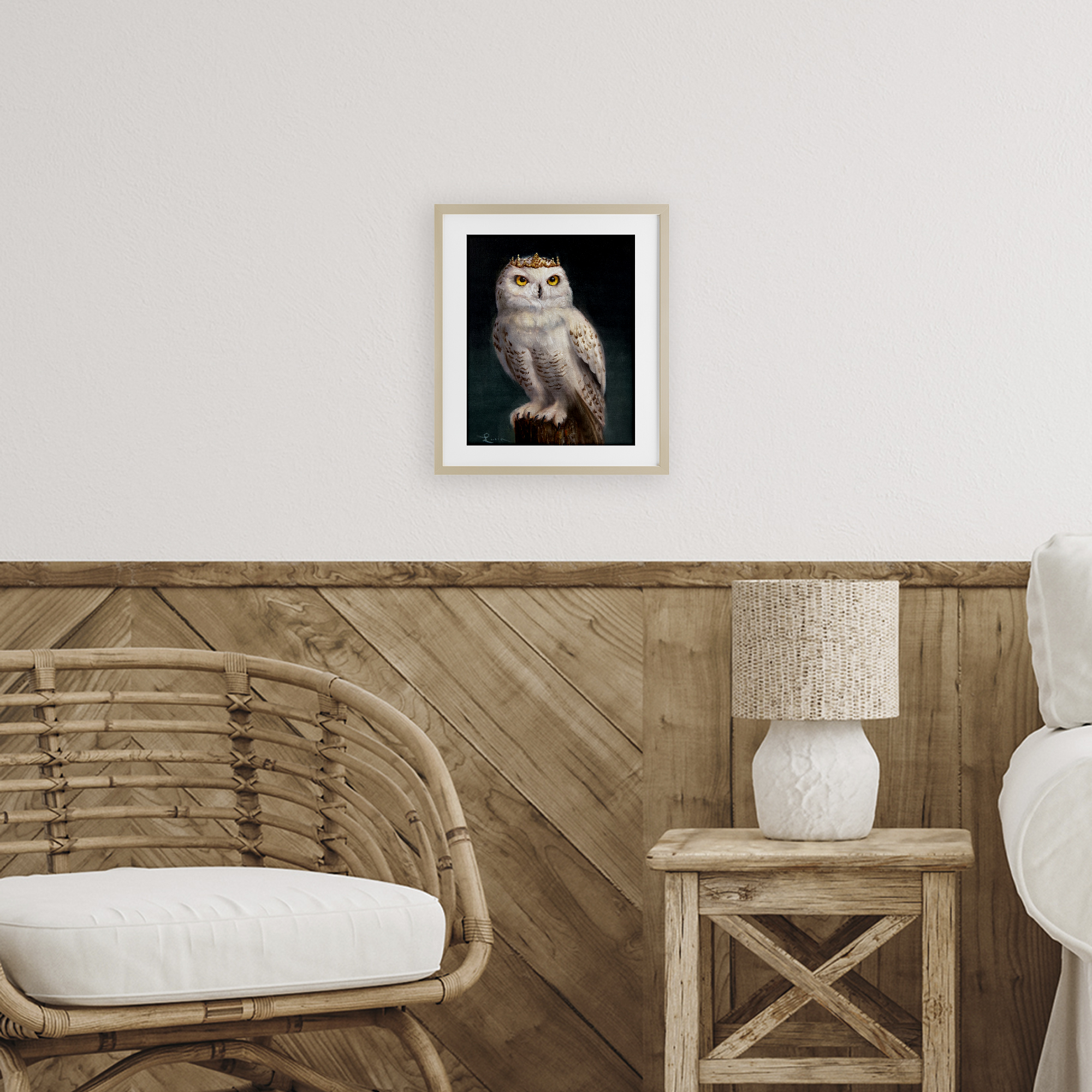 Snowy Owl King Birch Framed Print Under Glass, design by Lucia Heffernan