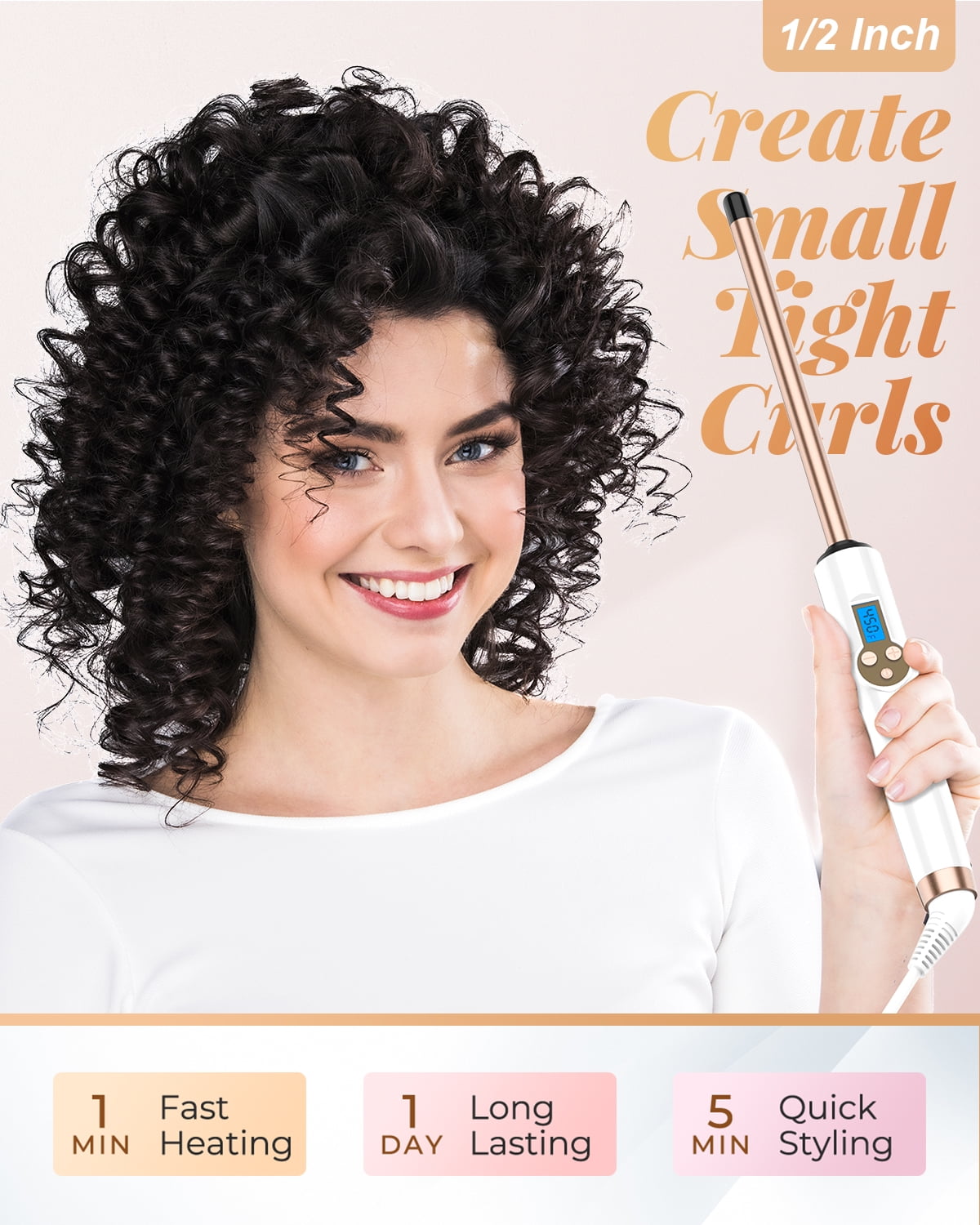 Hoson Small Curling Wand, 1/2 Inch Long Barrel for Short Hair, Ceramic Skinny Curling Wand with Adjustable Temperature
