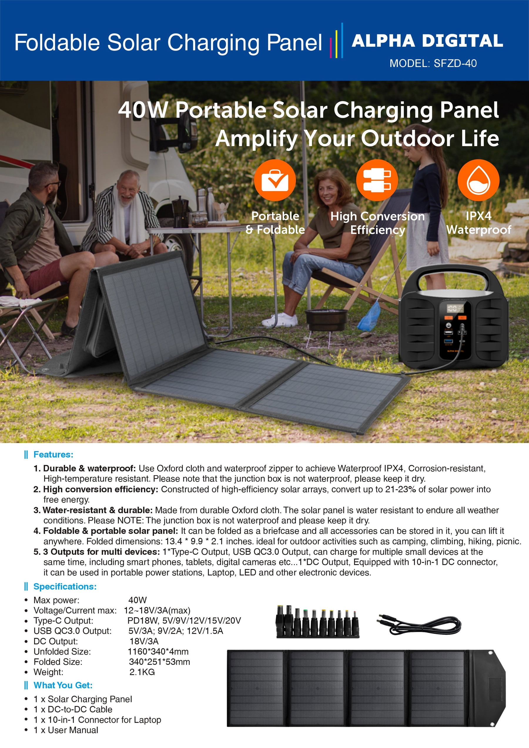 40W 18V Foldable Portable Solar Charging Panel with 3 Outputs Type-C/USB QC3.0/DC, Support Multiple Devices, for Portable Power Station, Mobile Phones, and USB Devices - High Conversion Efficiency