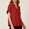 thumbnail image 6 of ClodeEU Women's Lapel Collar Pleated Short Sleeve Button Down Shirt,Solid Color Casual Blouse Red,Women's Plus XL, 6 of 8