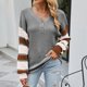 thumbnail image 2 of Top de manga larga para mujer, cuello en V, manga abombada, jersey de retales a rayas, blusa con botones, traje de otoño e invierno, gris L, 2 of 6