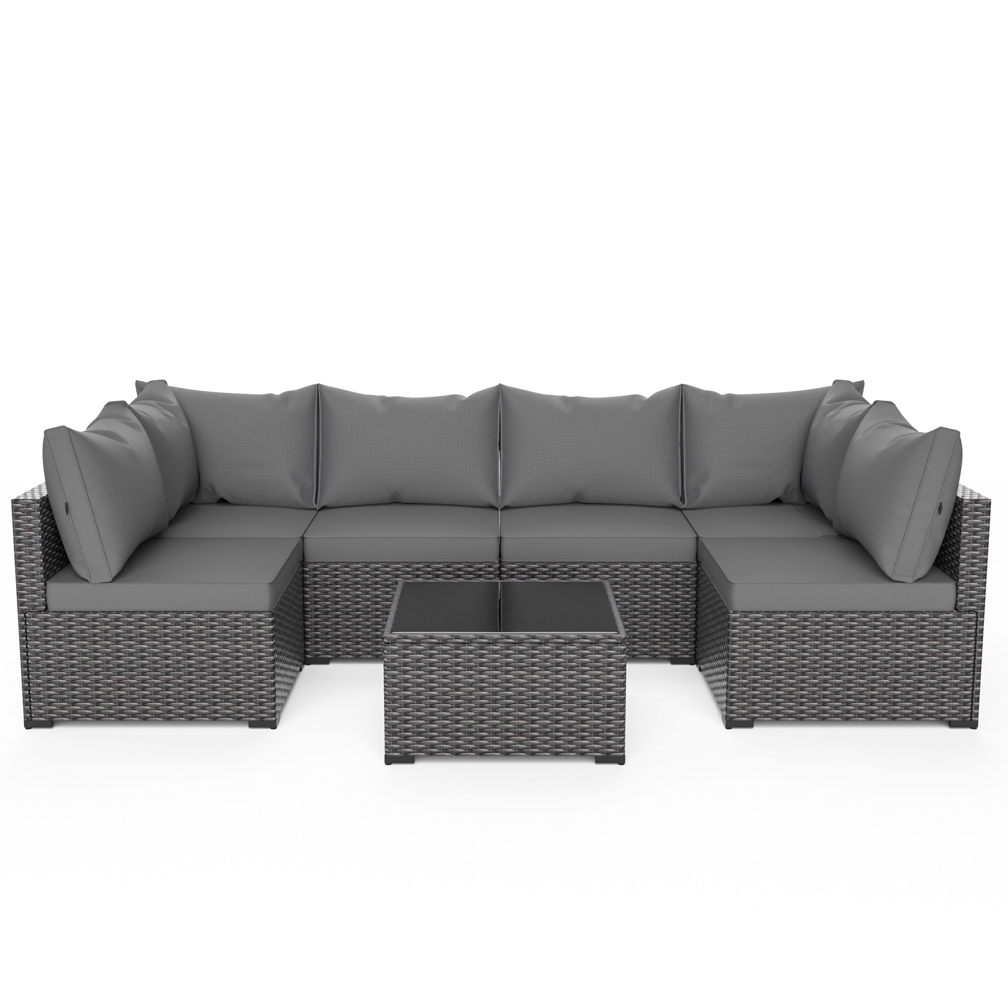 7 Piece Outdoor Patio Furniture Set Black PE Rattan Wicker Sofa Set With Table,Grey