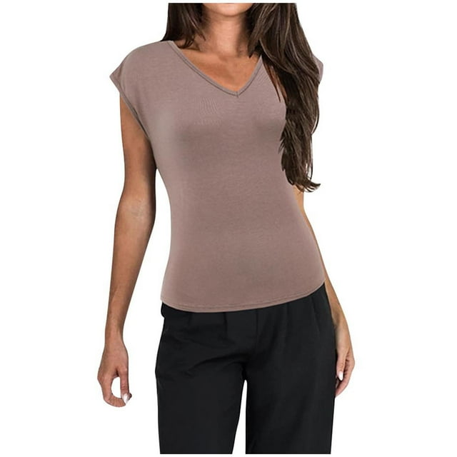 AherBiu Hauts pour Femmes Sans Manches à Col en V T-Shirts Amples Décontractés d'Été Confortables Extensibles Tee-Shirts