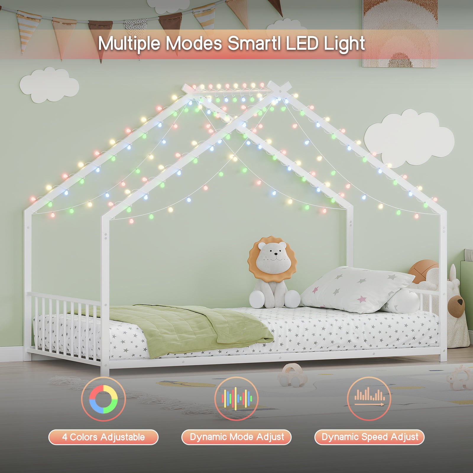 PORKISS Twin Size Floor Bed, Metal Toddler Bed with LED Light Strips, Slat, Fence, No Box Spring Needed, Montessori Bed, Full House Bed Frame for Kids, Boys, Girls, White