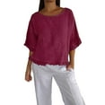 thumbnail image 2 of Alitao Shirts for Women Tshirts Shirts Womens Round Neck Ruffled Hem Mid Sleeve Cotton And Linen Top Linen Shirts Womens Tops Dressy Casual Wine M, 2 of 4