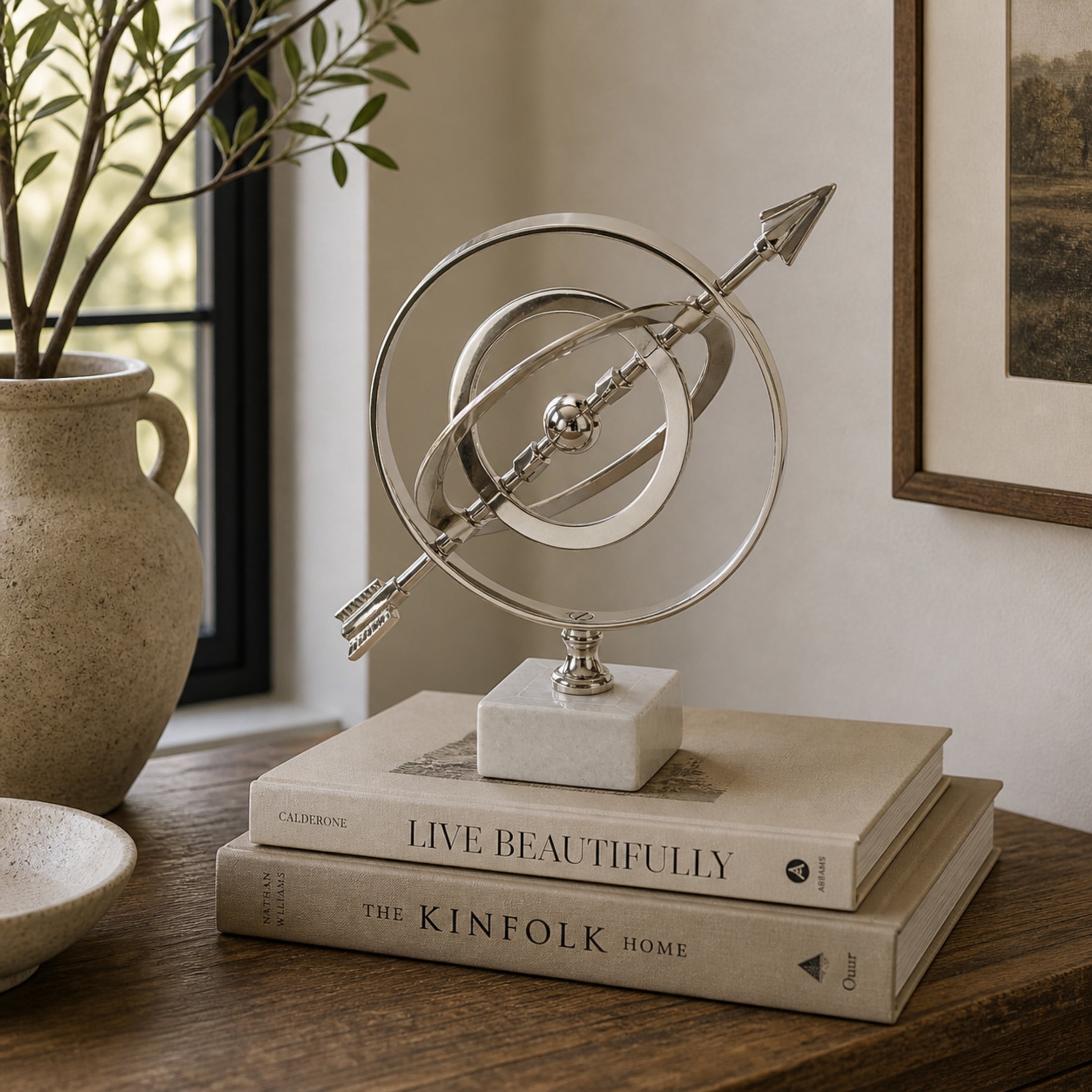 DecMode 10" Silver Armillary Globe with Marble Base