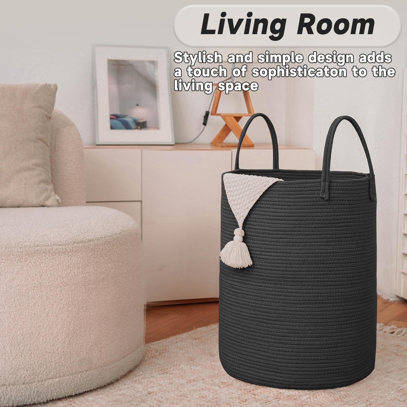 Large Woven Laundry Basket Hamper,60L Cotton Rope Storage Bin for Blankets,Toys and Clothes,Decorative Tall Nursery Hamper for Living Room,Baby Nursery,Bathroom and Bedroom