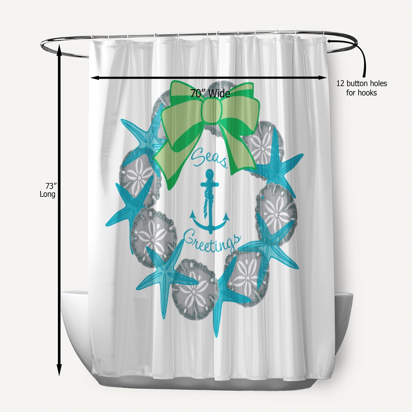 Simply Daisy 70" W x 73" L Seas and Greetings Wreath Polyester Shower Curtain, Turquoise [1 Ct]