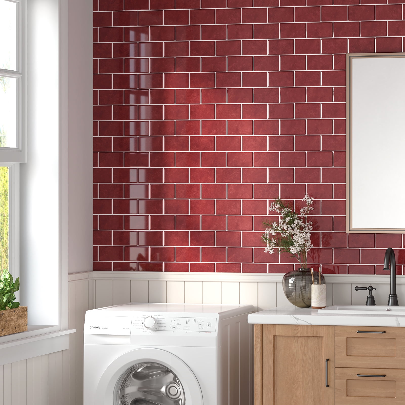 VEELIKE Red Peel and Stick Backsplash Waterproof Subway Kitchen Backsplash Red Peel and Stick 12''x12'' Tile 6 Sheets Removable Renter Friendly Backsplash Stick on Tiles for Kitchen Wall Bathroom