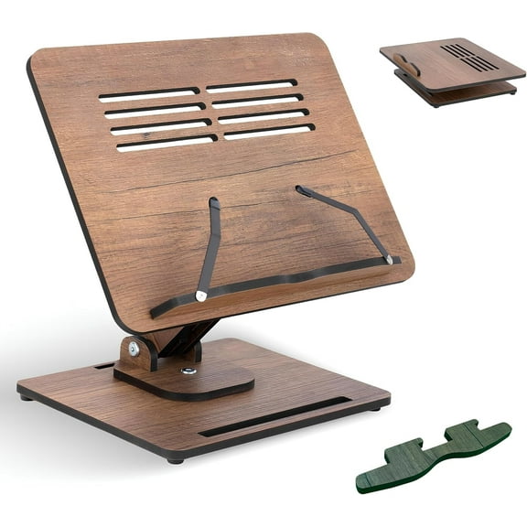 Vigo Wood Book Stand for Reading 360° Adjustable, Wooden Laptop Stand, Cookbooks Holder, Music Scores, Featuring Multi-Height Angles and Foldable Design with Page Clips