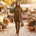 thumbnail image 4 of Szluipve 2 Piece Sets for Women 2 Piece Knit Loungewear Set Turtleneck Short Sleeve Oversized Tunic Top & Ribbed High Waist Leggings Casual Loose Fall Winter Outfit Suit Brown S, 4 of 7