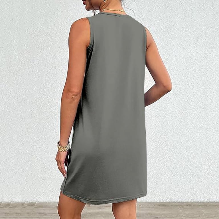Sentmoon Sleeveless Dress for Women Active Sleeveless Crew Neck Birthday Dress 2026 Summer Solid Color with Pockets Regular Fit Slip Dress for Beach and Vacation Gray L