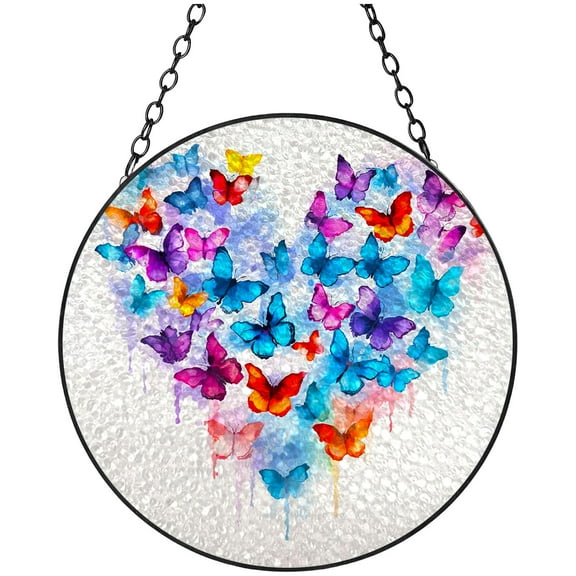 Watercolor Colorful Butterflies Stained Glass Suncatcher Handmade Window Hanging Colored Glass Suncatcher Crafts Kits for Indoor Garden Decor Memorial Gift 16x16cm(2)