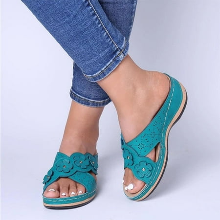 

BRISEZZS Womens Flat Sandals- Floral Casual Open Toe Summer Sandals #108 Blue