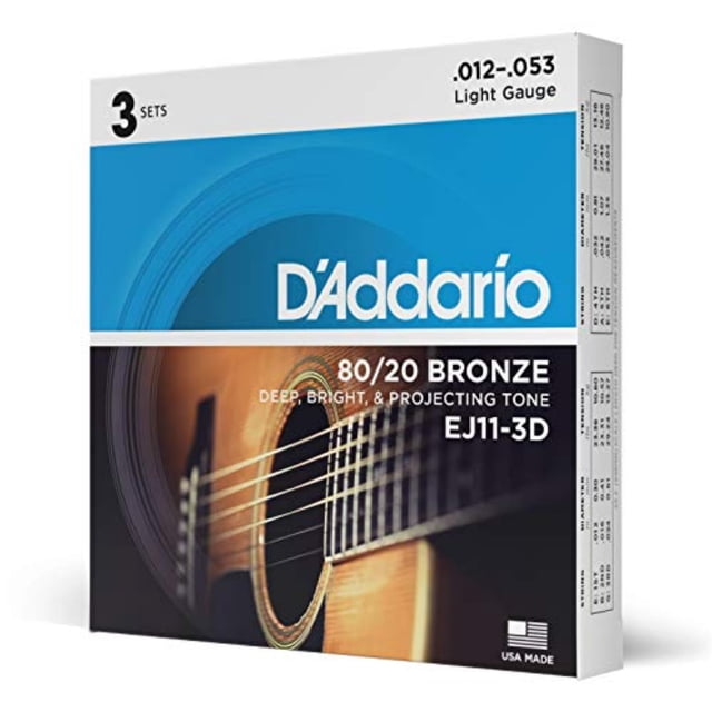 Dâ??Addario Guitar Strings - Acoustic Guitar Strings - 80/20 Bronze - For 6 String Guitar - Deep, Bright, Projecting Tone - EJ11-3D -
