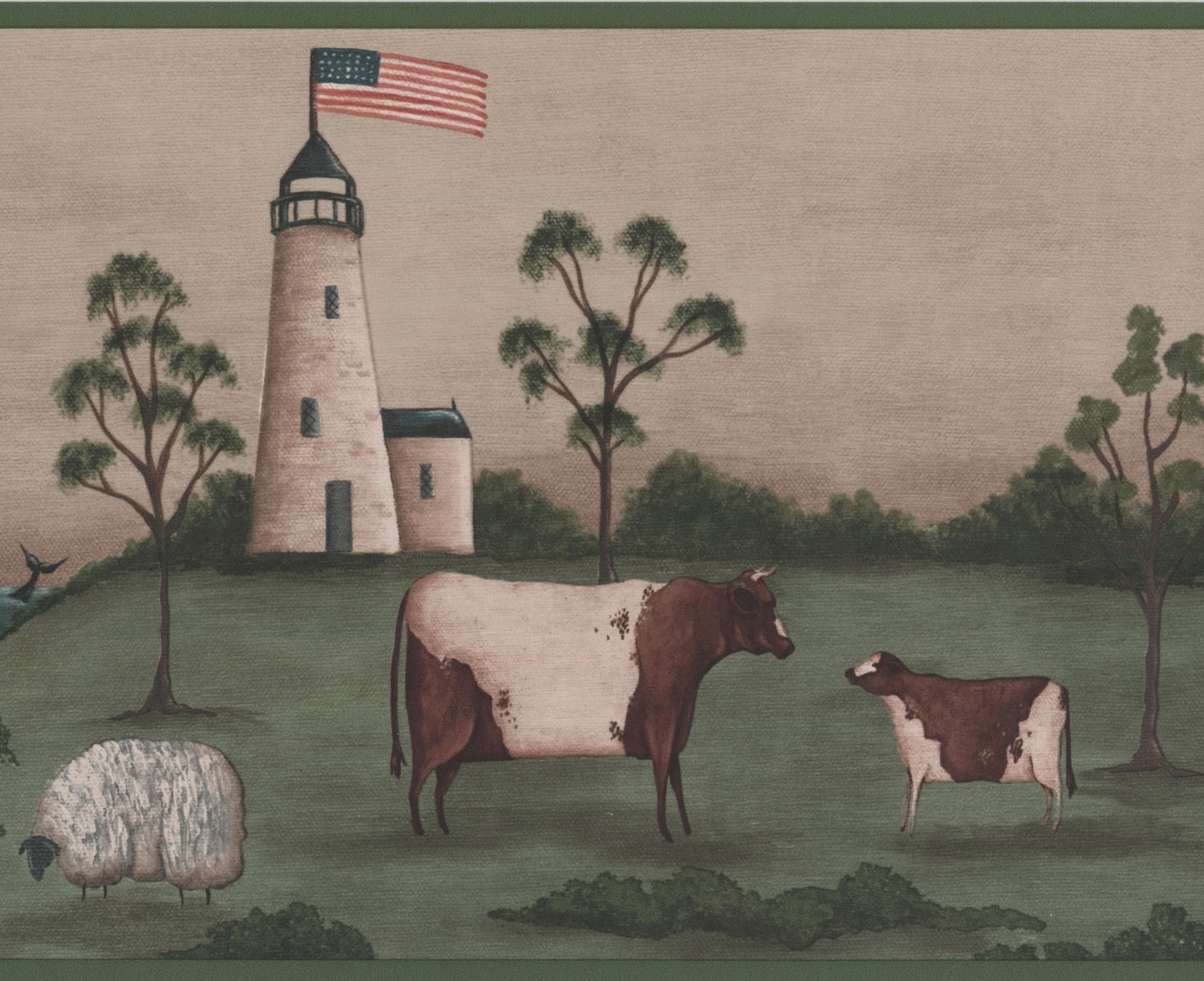 Lighthouse American Flag Sheep Cow Green Beige Wallpaper Border Lighthouse American Flag Sheep Cow Green Beige Wallpaper Border Retro Design Roll 15 X 9