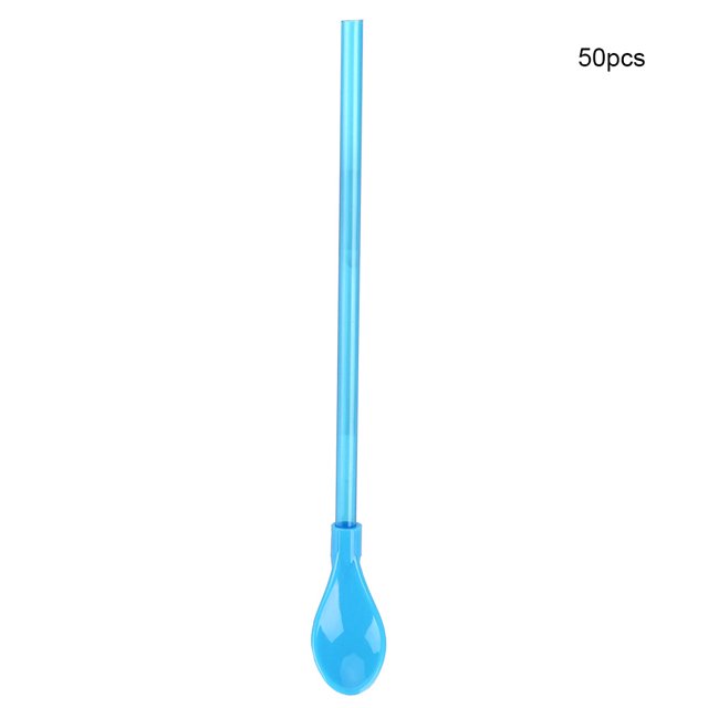 Juego de 50 cucharas con pajita de doble función azul para revolver y beber