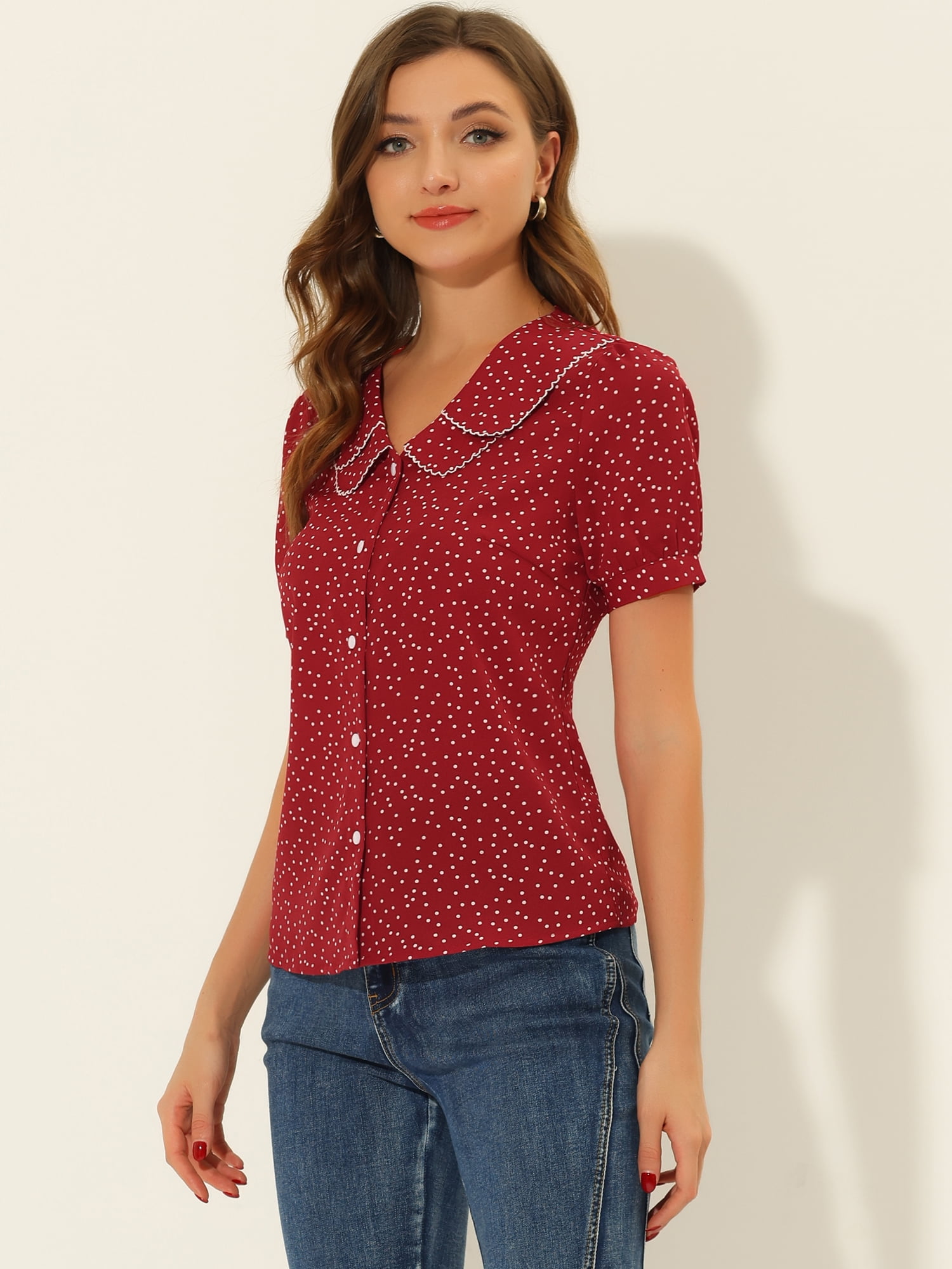 DARING DIVA Women's Polka Dots Peter Pan Collar Puff Sleeve Shirt 3XL Red