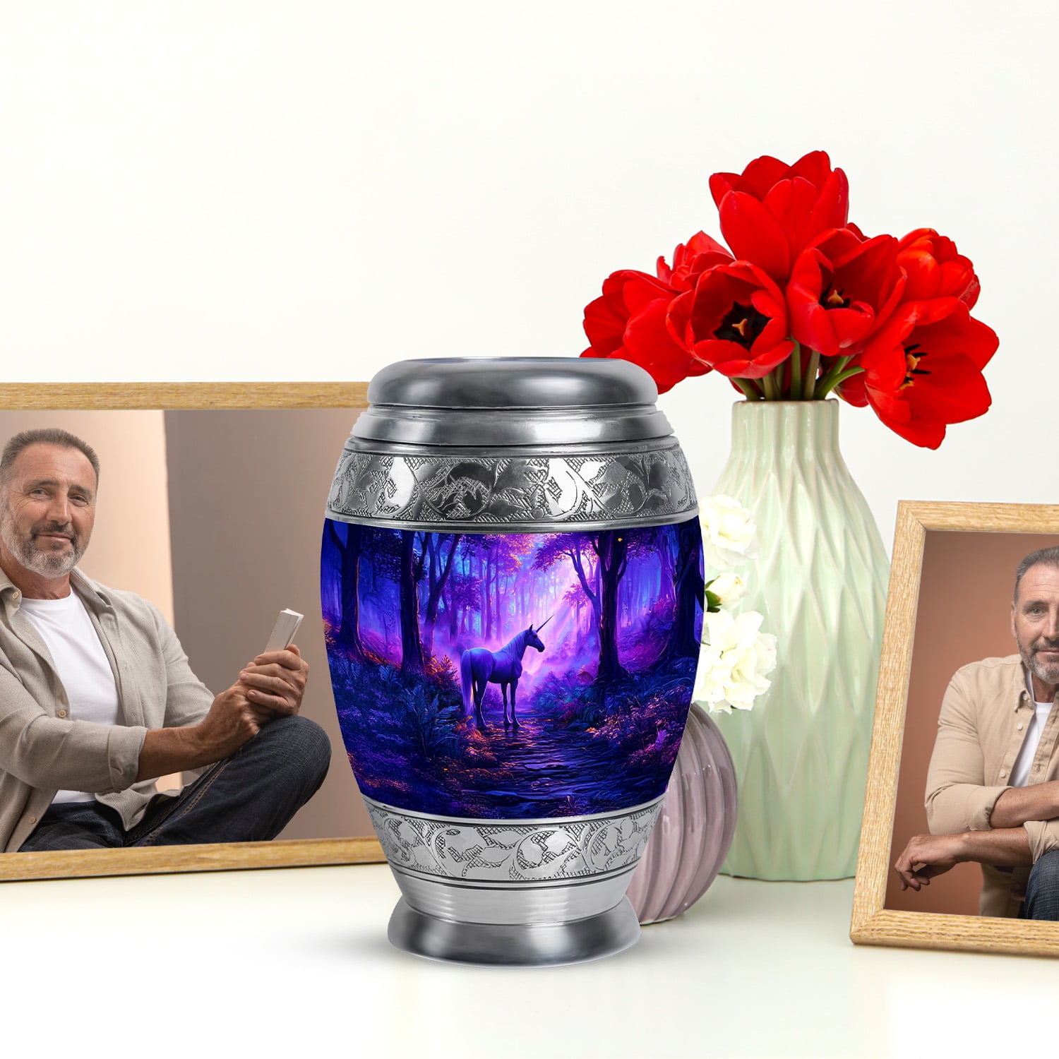 JAGASY Unicorn Small Memorial Cremation Urn for Girls, Blue Keepsake Urns for Human Ashes, Sunset Forest Trees Decorative Urns for Friends, Funeral Mini Urn for Boys, (3 Inch)