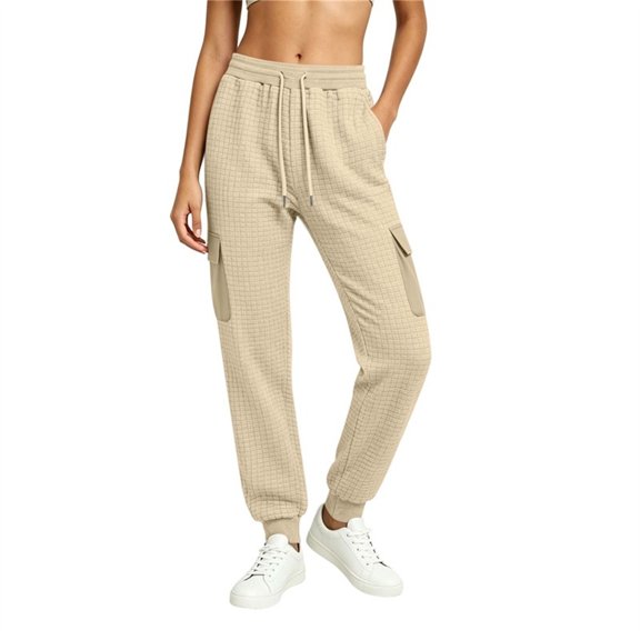 Admvng Womens Pants Cuffed Hem Drawstring Elastic Waist Casual Full Length Trousers with Pockets