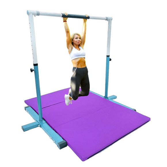 GymPros Gymnastics Bar Kip Bar for Kids and 6'x4' Tumble Mat 2 in 1 Set with Cushioned Handrail, Expandable Height 3-5 FT Horizontal Bar, Premium Junior Gymnastic Bar Home Training Asymmetric Bar Blue