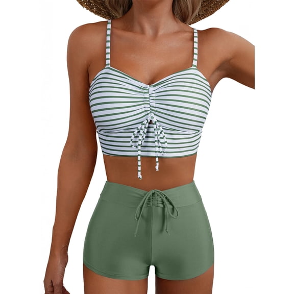 SHEWIN Womens Swimsuits Two Piece Bikini Sets Floral Print Swim Tops Drawstring Tummy Control High Waisted Swim Shorts Bathing Suit