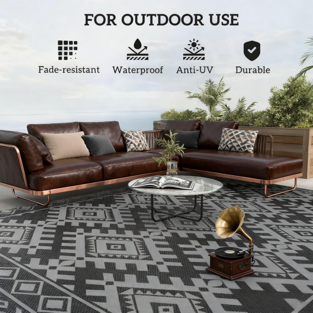 9' x 18' Black & Gray Rhombus Border Reversible Outdoor Rug, Waterproof Patio Camping Mat with Carry Bag, Foldable Portable RV Carpet