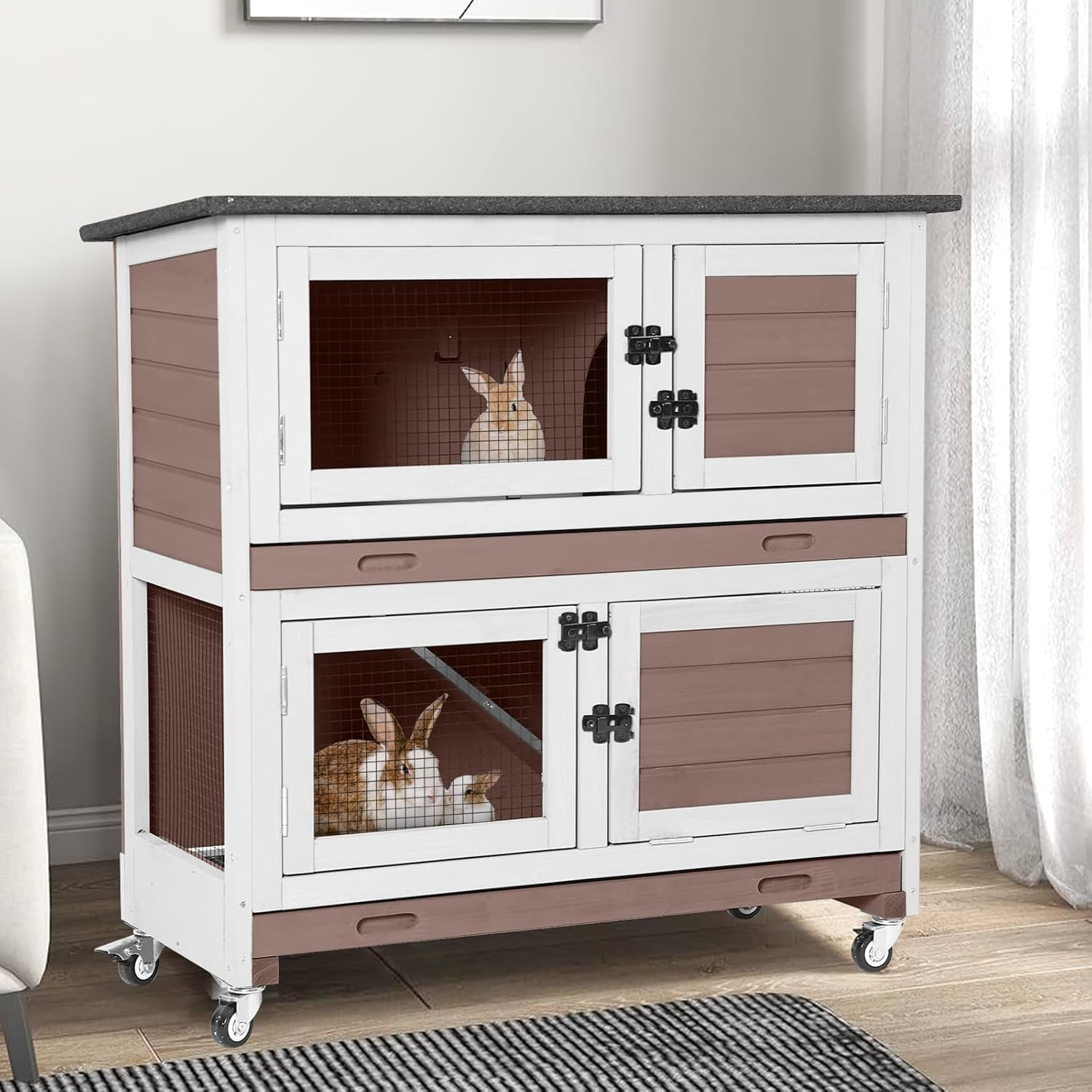 MEDEHOO 2-Story Rabbit Hutch Indoor Bunny Cage Wooden Guinea Pig House with Chew-Proof Ramp, Leakproof Slide-Out Trays, Lockable Caster Wheels for 1-3 Rabbits (Brown)