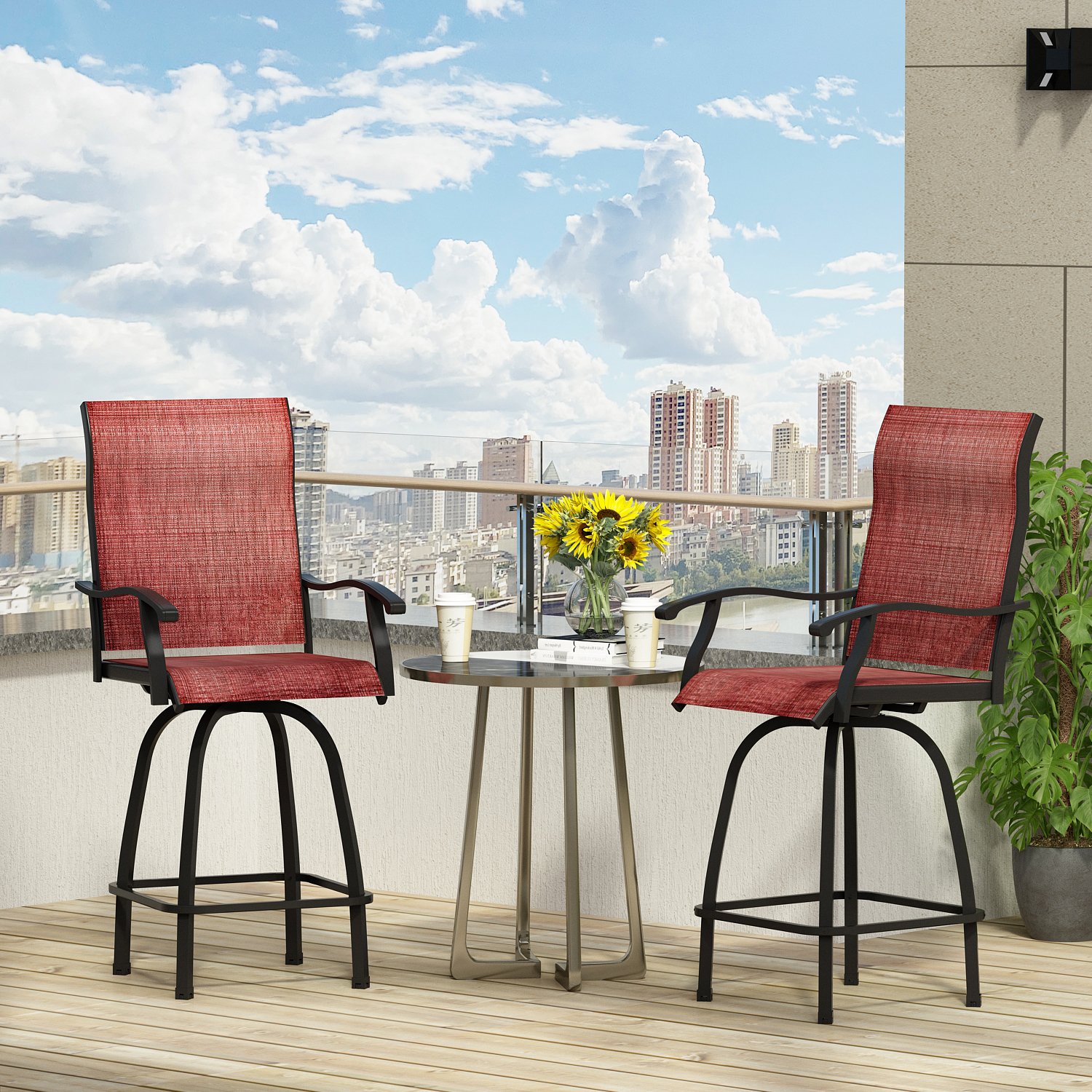 Homsee 2 Pack Patio Swivel Bar Height Patio Bistro Set, 360-Degree Swivel Outdoor Bar Stool, Red - image 1 of 8