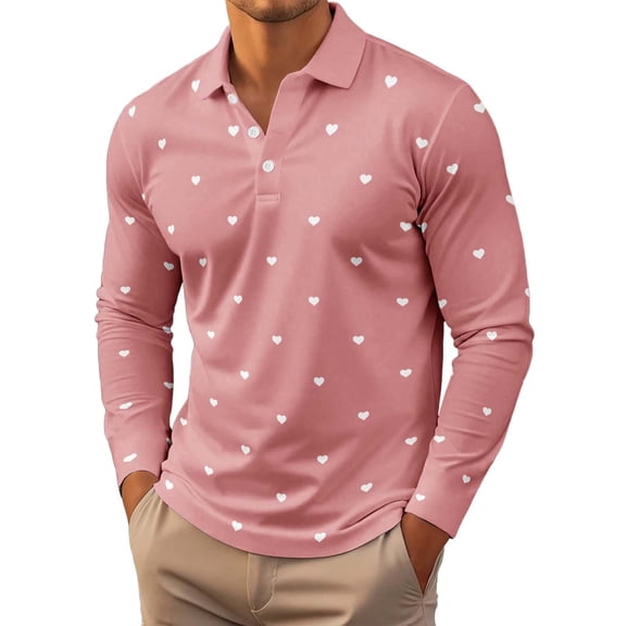 Mens Polos Valentine Heart Print Long Sleeve Shirt Casual Clothes