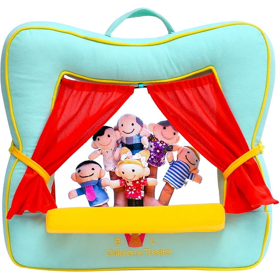 Finger Puppet Theater Stage by Better Line - Set Includes 6 Finger Family Puppets - Portable Plush Finger Puppet Theater is the Best Preschool Kids (green)