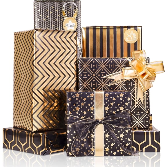 Black Gold Foil Happy Birthday Wrapping Paper, 6 Pack Gift Wrap w/Gift Bow & Sticker for Birthday Wedding Graduation Baby Shower, 20" x28"