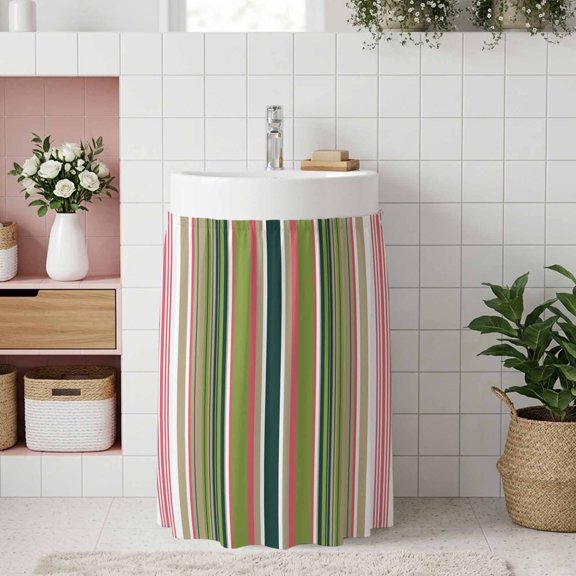 Colorful Striped Small Cabinet Curtain 11''x13'', Sage Green Pink White Vertical Lines Bathroom Sink Skirt for Kitchen Vanity Pedestal, Laundry Privacy Drape Waterproof Dishwasher Curtains