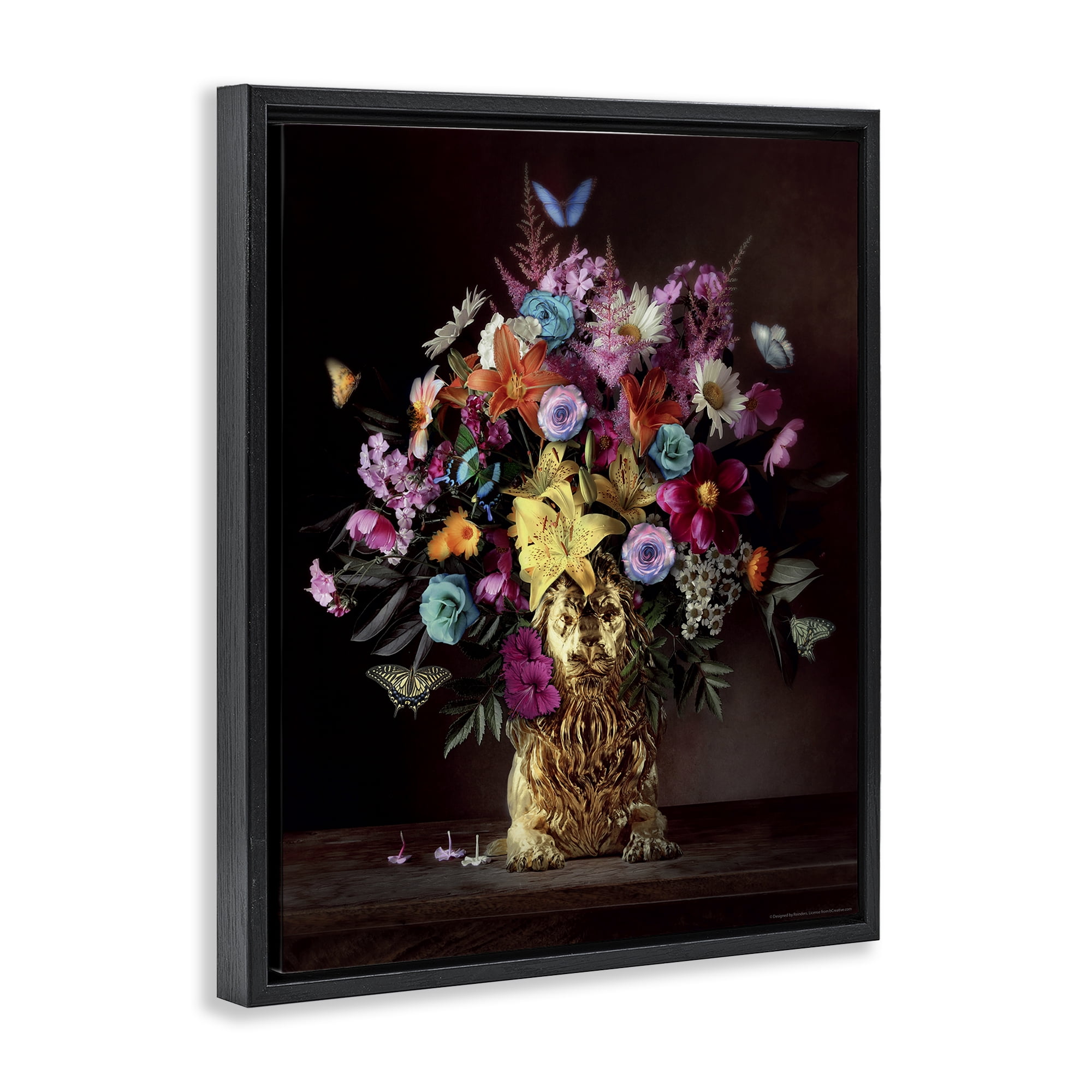 Stupell Industries Bouquet in Dog Vase Plants & Flowers Painting Black Floater Framed Canvas Art Print Wall Art, 17 x 21