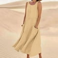thumbnail image 2 of YLSDY Women's Cotton Linen Casual Loose Pockets Long Dress Plain Sleeveless Tank Dress Vacation Beach Solid Midi Dress Beige XL, 2 of 5