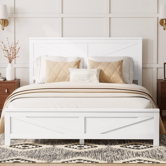 Mintazer Farmhouse Queen Size Platform Bed with Under-Bed Storage, Platform Bed Frame with Headboard & Footboard for Bedroom, White