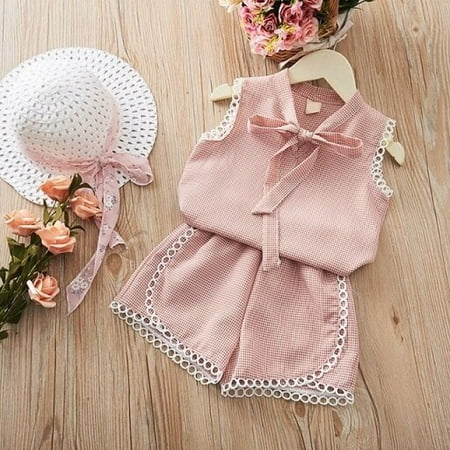 

Moresave Baby Girl Clothes Summer Baby Girls Casual Off-shoulder Short Sleeve Tops T-shirt Blouse+Mini Skirts Child Costume Set for Grils Pink 120